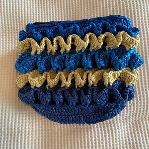 Small blue and cream vintage 70s postmodern clutch or large change purse.